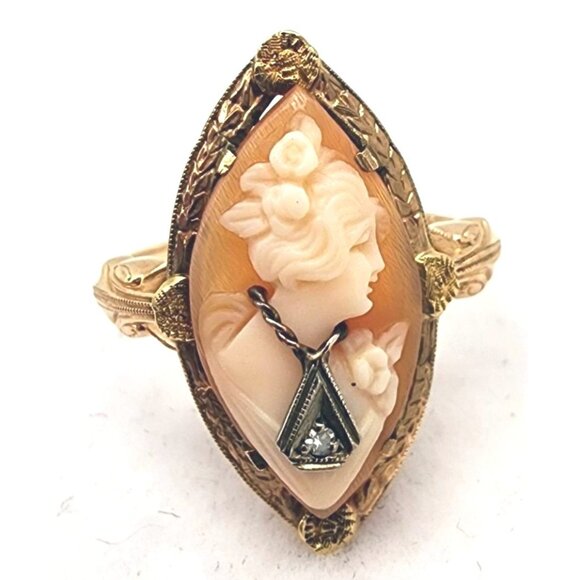 Vintage Cameo Ring With Diamond Accent In Ornate Gold Setting Original Box RARE - Picture 6 of 14